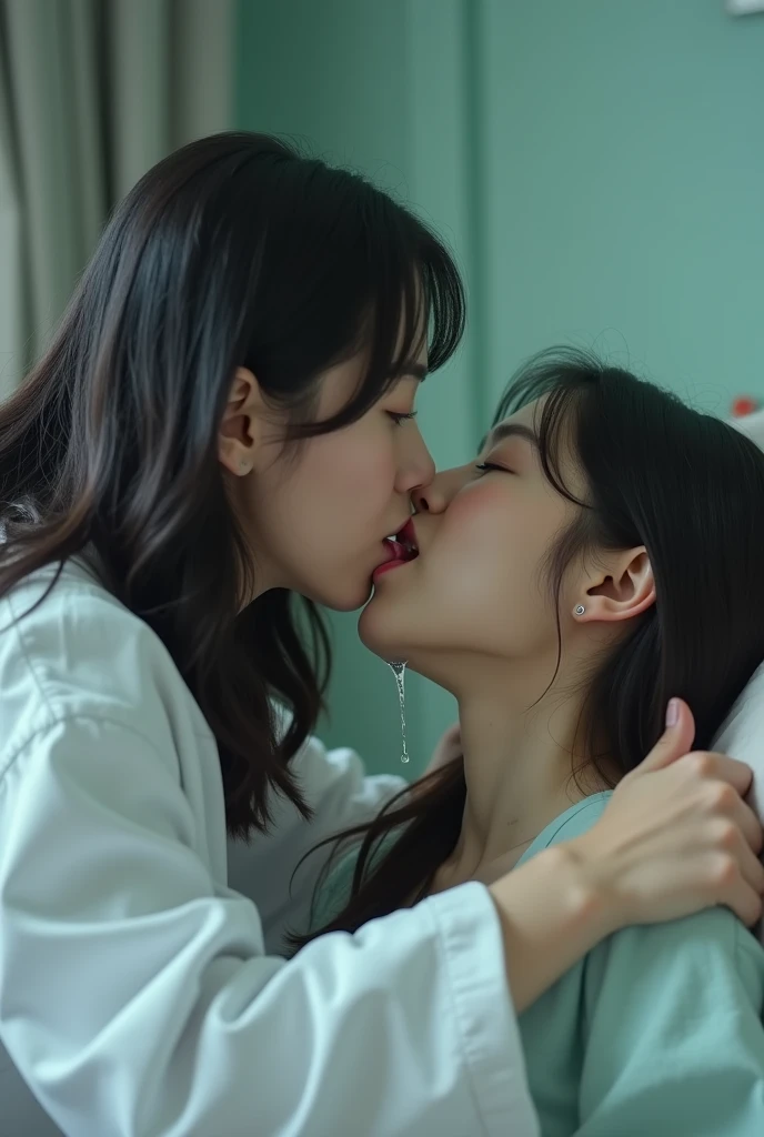 (masterpiece,ultra-detailed,best quality,8K), A japanese teen girl idol is sleeping on a bed, A Japanese middle age woman is sitting in front of the girl idol, (A lot of saliva drips:2.0), ((tongue kiss)), (Japanese middle age woman licking girl’s wet tong...