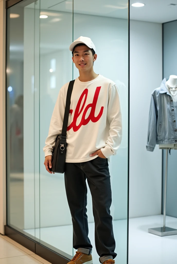 Photography a handsome asian man,Clean and handsome white face, slightly muscular body, black hair, wearing a white baseball cap,wearing a light white long-sleeved t-shirt with the text "LD" in graffiti style red,wear black jeans, brown sports shoes, Sling...