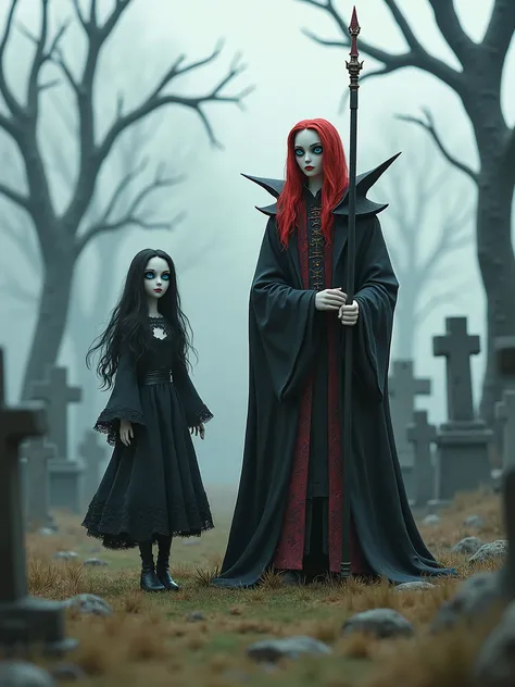 A horror claymation stop-motion scene in a misty, desolate cemetery during pale daylight. The setting features weathered gravestones scattered across overgrown grass, surrounded by gnarled, leafless clay trees casting eerie shadows. ArkhangeL, a gothic cla...