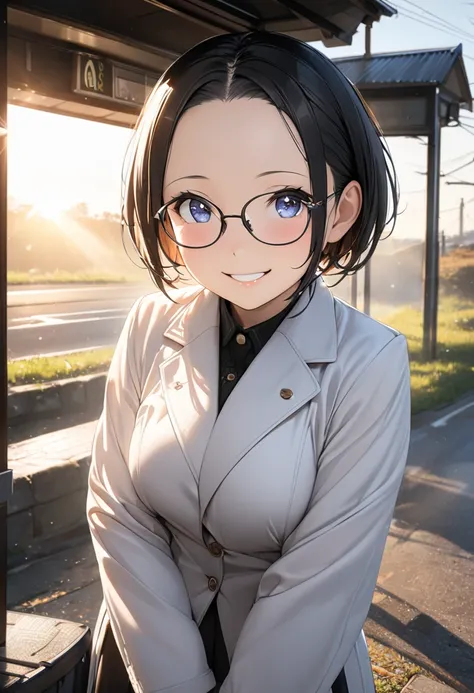 RAWphoto,photorealistic,8k16k,best quality,perfect anatomy,perfect detailed,ultra highres, extremely detailed eyes and face,gleaming skin,shiny skin,1girl,Japanese,black short hair,pixie cut, (wearing glasses:1.3),(parted bangs,forehead:1.2),round face,med...