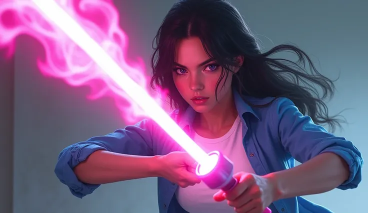 A young woman with long dark hair wearing a blue shirt and white volour tshirt fighting hard in his hand pink glowing effect produced 