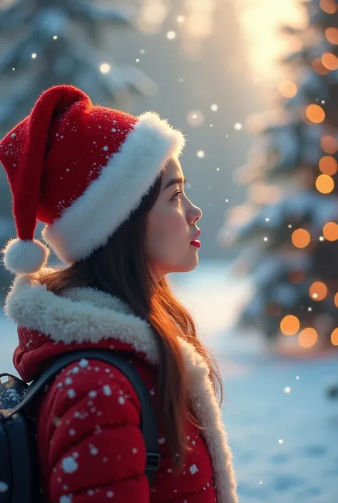 A young and cute woman wearing a Santa Claus hat 、 is vaguely staring at Christmas trees and illuminated scenery in the distance。