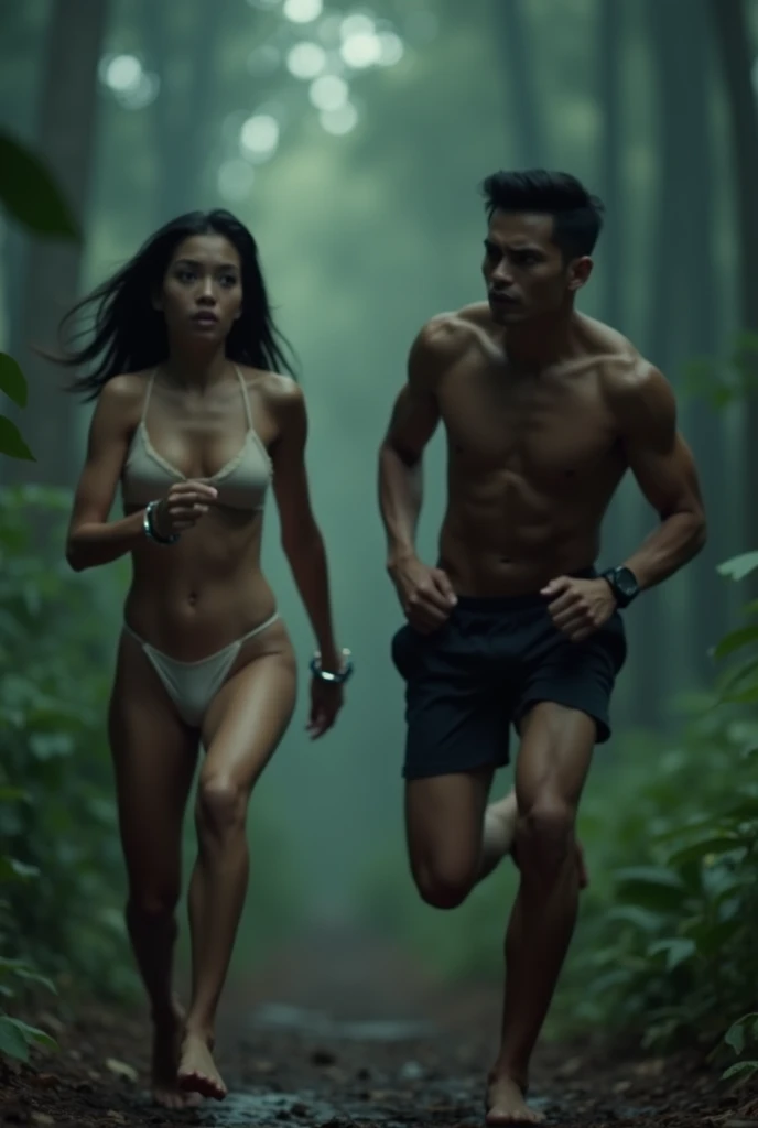 A Realistic Action Movie.. a young Indonesian mans facial expression looks panicked. is running after a beautiful woman with her hands cuffed. The woman is wearing panties in the dark forest.Full Movie Action  .