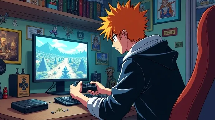 An image with a cartoon of Ichigo from Bleach playing the game free fire