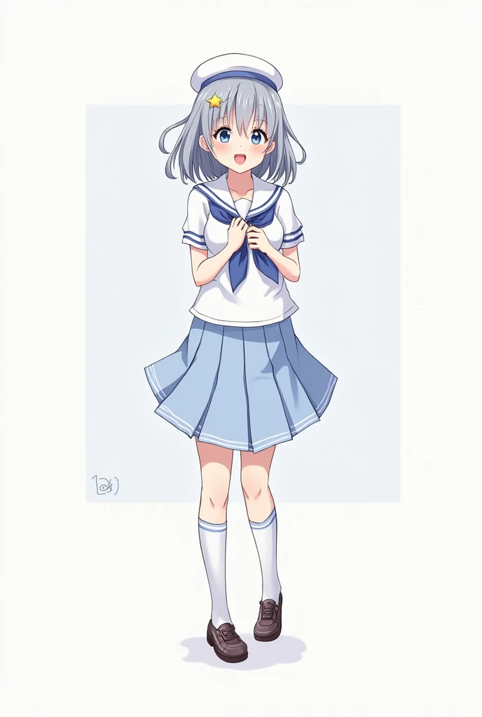  1 girl,  medium hair, sailor suit,Gray Hair, cute,Character portrait,True Face,Light blue skirt,captain hat, Knee High Socks,Shoes,18 years old, star hairpins , Big Breasts ,  blue eyes, Open mouth laughing、whole body, plump thighs