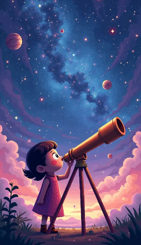 3D pixer cartoon pakistan
 A vivid galaxy with a girl gazing through a telescope, her eyes sparkling with wonder.
