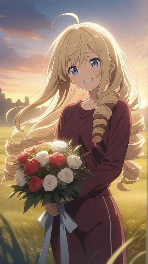 a girl, blonde, long hair, drill hair, drill sidelocks, hair flowing over, ahoge, blue eyes, slant eyes, narrow eyes, happy, smiling, maroon  sportswear long pants, maroon long sleeves sportswear, Black platform boots, hand in own hair, holding Bouquet of ...