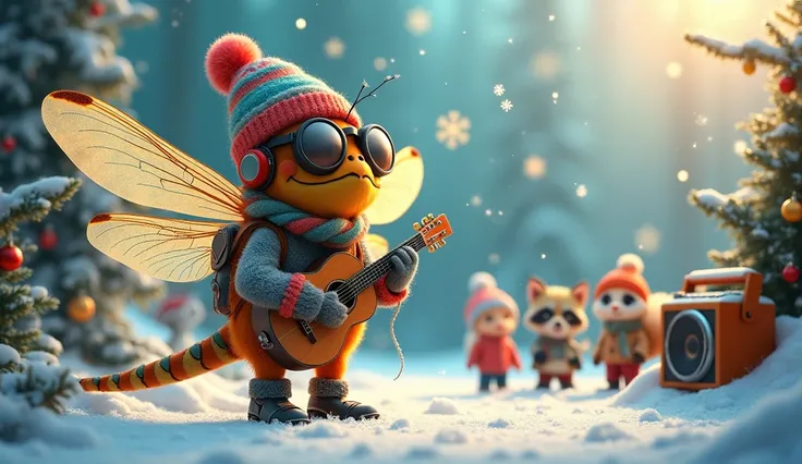 Dragonfly wears colorful gear and bucket hats from unknown manufacturers、A 、 Surreal Photos 。Theres a boom box in the corner 。 Snowflakes , s playing in the snow ,  snowy ground , Warm, shining light, Cozy and festive atmosphere, Joyful laughter and smiles...