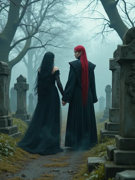 In an eerie cemetery bathed in pale daylight, a young white woman walks alone among rows of weathered gravestones. Her long black hair cascades down her back, and her gothic attire—a flowing black dress with lace details, dark gloves, and heavy boots—adds ...