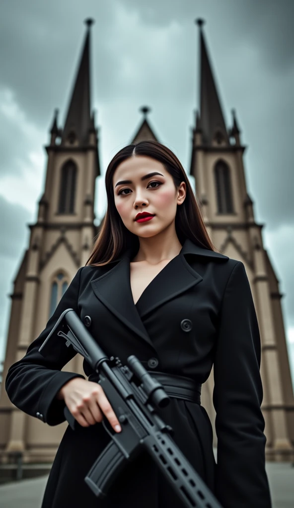 A German assassin in a modernized black trench coat with steel-gray armor accents. She holds a silenced submachine gun, standing in front of a gothic cathedral under a stormy sky. Her bold makeup features dark eyeliner and crimson lips. The dark fantasy at...