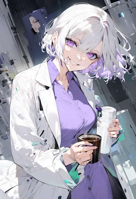  white-haired woman , scientist, Lilac eyes,  holding a cup of coffee, sharp look,  playful smile , lab coat, the eyes,  short hair