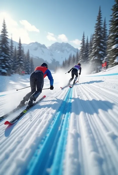 Ski Sprint, POV, the moment making a high-speed turn. The ski tips and the back of another skier should be visible in the foreground, carving through the snow towards the finish line. The background should show the snowy landscape blurring past, with pine ...