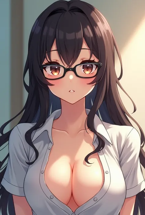 18+ adult tomboy Big tits anime girl wearing glasses and exposed Shirt