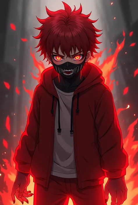  A boy of Red-eyed anime wearing a red t-shirt with burgundy shorts and with red hair the hair creased and turned white,  gained two thick vertical stripes on his eyes and had a dark jaw mask tifiable with a row of several teeth .  Underneath his clothes ,...