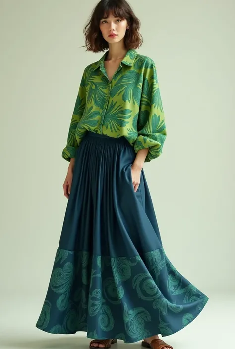 A cool character wearing A green leaf patterned shirt,  long navy blue skirt with a wave pattern, detailed 