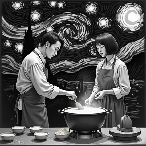  The black and white photos are all inspired by the work  "Starry Night "  by Vincent van Gogh .  A man with a very handsome Asian touch and a woman with a very beautiful short hair Asian touch are cooking the porridge for charity to give to the people. In...