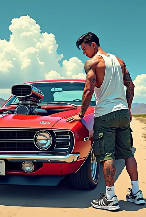 Cars are fun、Don&#39;t build a new muscle car, build your favorite muscle car、An real ilustration  picture ,front side of the muscle car、Back view of a handsome korean man,wearing  white tank top,short cargo pant ,wearing shocks and sneaker, muscular body ...