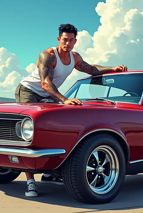 Cars are fun、Don&#39;t build a new muscle car, build your favorite muscle car、An real ilustration  picture ,front side of the muscle car、Back view of a handsome korean man,wearing  white tank top,short cargo pant ,wearing shocks and sneaker, muscular body ...