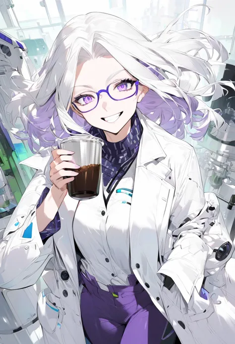  white-haired woman , scientist, Lilac eyes,  holding a cup of coffee, sharp look,  playful smile , lab coat, glasses, Young