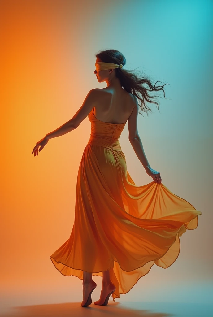 a beautiful girl in full growth, who does not look at the camera, her eyes are covered with a silk bandage. She is dancing, her movements are light. color scheme (orange-blue). Square photo. The girl should have a luxurious body, like an hourglass, beautif...