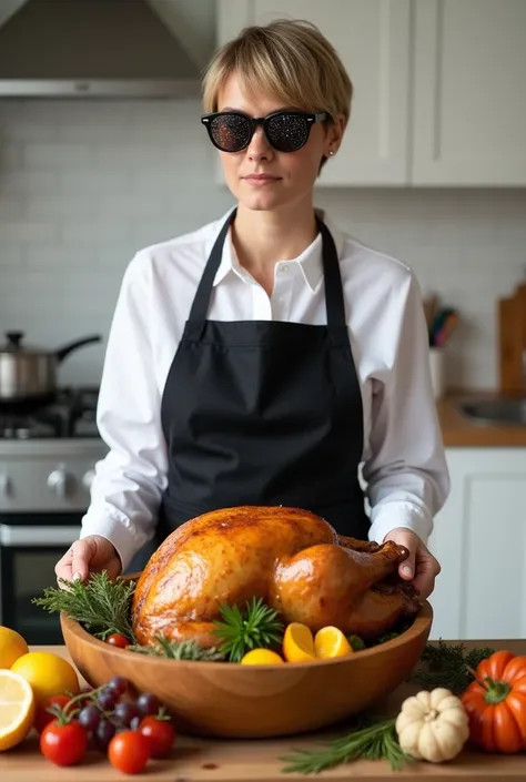 The model is wearing glass sunglasses with stars and the moon on the glassCreate an image of a short-haired woman wearing a long sleeve white shirt and a black apron. The background of the woman is clean-white painted kitchen with a visible kitchen tools s...