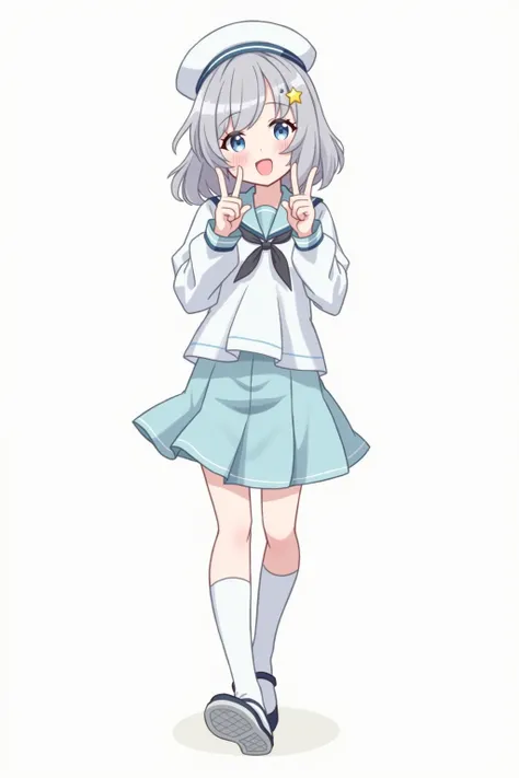  1 girl,  medium hair, sailor suit,Gray Hair, cute,Character portrait,Light blue skirt,Captain&#39;s hat、 Knee High Socks,Shoes,18 years old, star hairpins , Big Breasts ,  blue eyes, Open mouth laughing、whole body, plump thighs