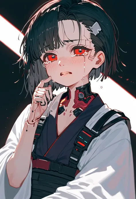 score_9, score_8_excellent,       White Kimono     ,        red eyes,      black hair, cyberpunk, short haired , white background,Hair ,teardrop, A crying expression, 