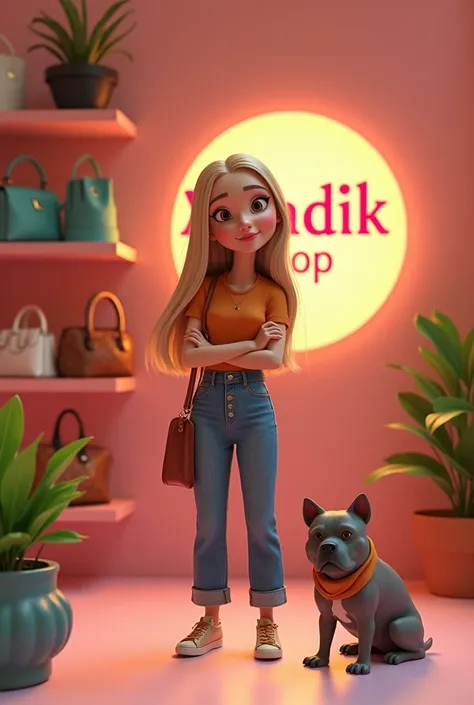  Create a boutique where you can see a beautiful 28-year-old woman , happy,  in Disney Pixar style cartoon ,  she is an entrepreneur and sells bags from high-end designer brands such as Gucci , Prada, CHANEL,  Loui Vuiton , Fendi, Kurt Geiger , and set a l...