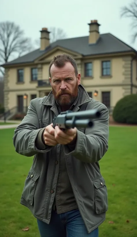 Panoramic shooting， A bearded man in a grey jacket，Stand on the lawn next to the villa and hold a shotgun with both hands