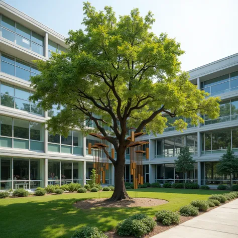  Wind chimes in the shape of a book {x} Plan a corner of the campus as an art garden， The center is a big tree with a metal frame ， “branches” hanging in the shape of a book ，Wind chimes move ， Clear sound spreads knowledge golden sentence 。