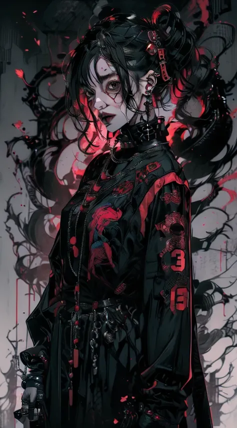 cyberpunk_(series) cyberpunk_edgerunners rebecca_(cyberpunk) highres spoilers 1girl artificial_eye black_jacket blood blood_from_eyes blood_from_mouth colored_sclera colored_skin  death flower flower_over_eye green_hair ((guro)) jacket mechanical_eye neck_...