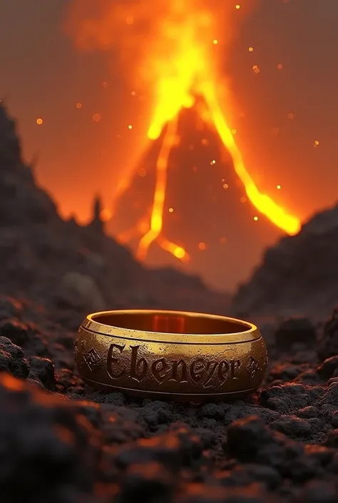 A dramatic scene from the Lord of the Rings, featuring a volcanic eruption in the , with molten lava flowing down, and a golden clearly  ring engraved as "Ebenezer " prominently displayed in the foreground, surrounded by a mystical atmosphere, epic fantasy...