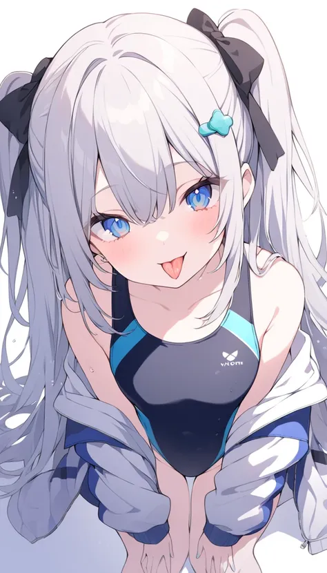 この swimsuit姿の女の子は非常にセクシーな体を持っています,  1 girl,  swimsuit, competition  swimsuit, one-piece  swimsuit,  Virtual YouTuber , Alone,  jacket, tongue out, chest, tongue, black  jacket, Multicolored Hair,  blue eyes,  long hair,  hair ornaments,  viewers who stop a...