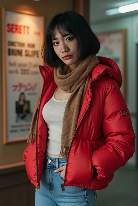 (  realistic  ,最  High Quality  ,8k,​masterpiece),   bob cut hair :1.5,   wall poster showing above her lap、 Japanese 22-year-old woman posing sideways on a  :1.5,The clothes you&#39;re wearing 、 red down jacket and womens knitted sweater :1.5,    brown sc...