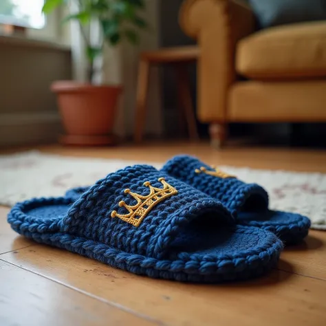 Nice flip flop slippers for boy design crochet with wool royal design on wool slipper and separate de sign black blue color full view pic full room view zoom out on floor 