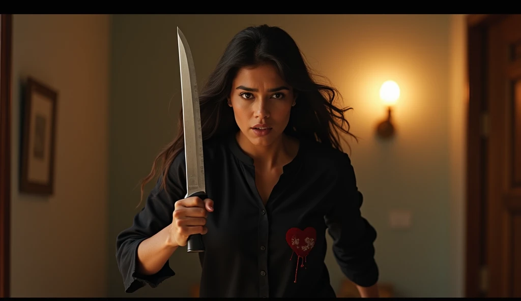 28 year Indian Beautiful Holding Knife and running, Girl wearing Black kurti blood on dress, Girl is in angry face, Girl Face Shot,  luxury room interior, interior room, detailed eyes, cinematic scene, cinematic lighting, ultra realistic, hyper realistic, ...