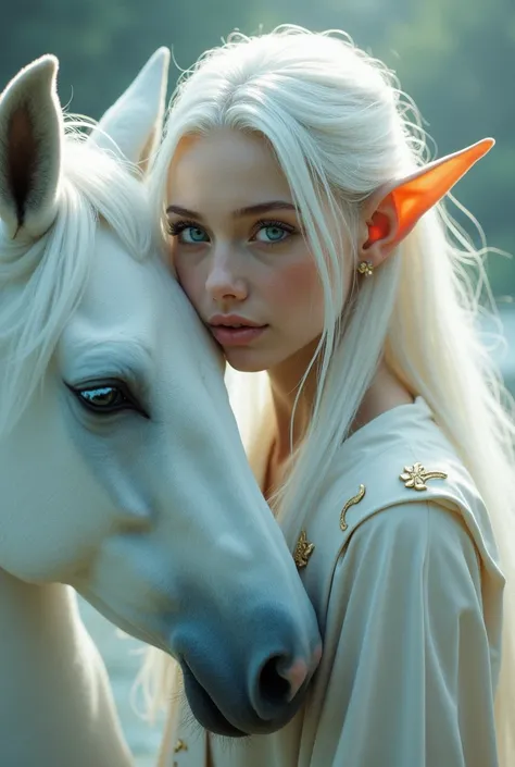 epic, cinematic, bright, Awesome, intricately detailed, dramatic, atmospheric, perfectionist, digital matte painting, Professional masterpiece of a beautiful young elf with pointy ears named Arwen with long straight white hair, piercing crystal blue eyes, ...