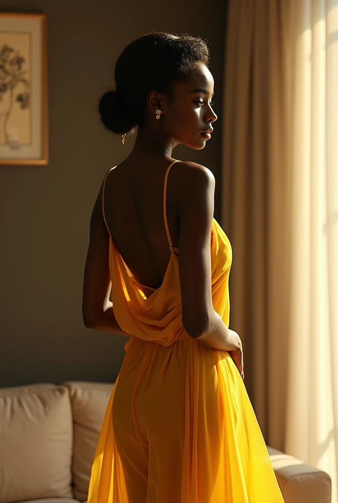 Naked African woman in transparent yellow dress sitting in the apartment 