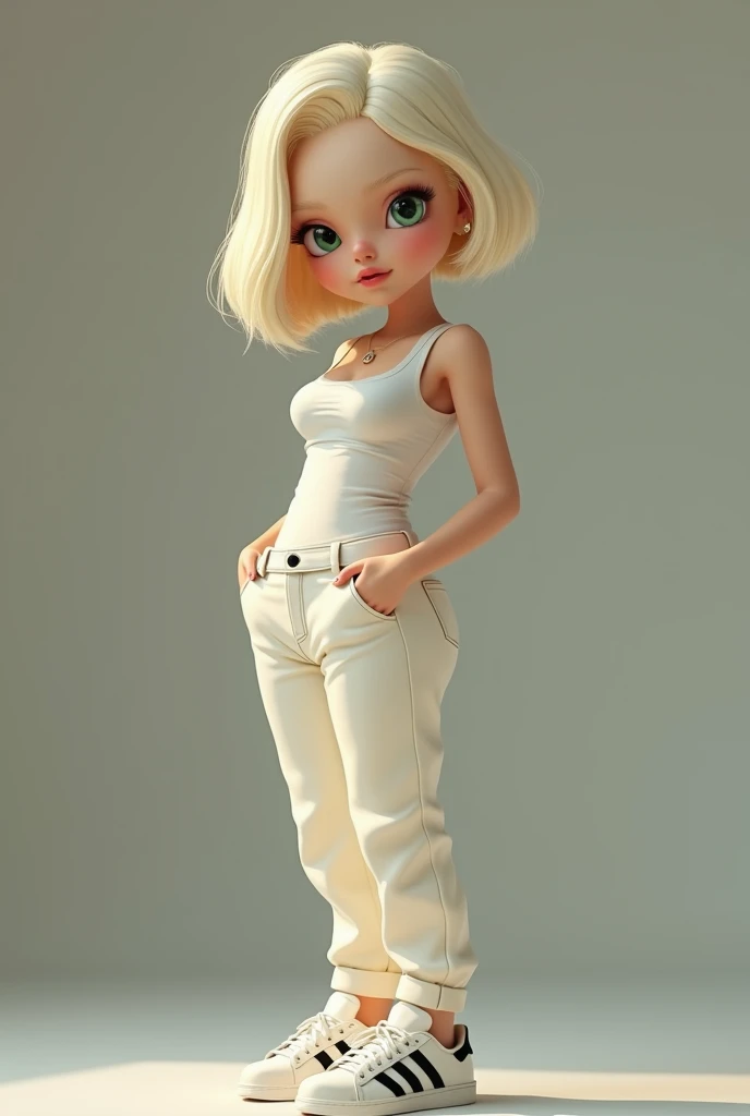 Young girl 
has albinism (but blond bob and green eyes, white skin, wide nose, big lips)
big chest 
bubble butt
wears tight wight top, cream Dickies, white Adidas tennis shoes