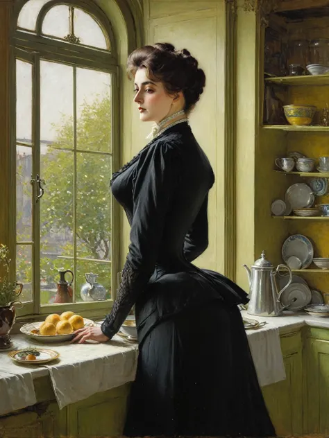  Full body shot  of A voluptuous buxom mature Victorian widow standing in front of a window in her kitchen, by Jean Béraud, inspired by Jean Béraud, inspired by Édouard Detaille, edouard leon cortes, inspired by Ivan Kramskoi, inspired by Jean-Louis-Ernest...