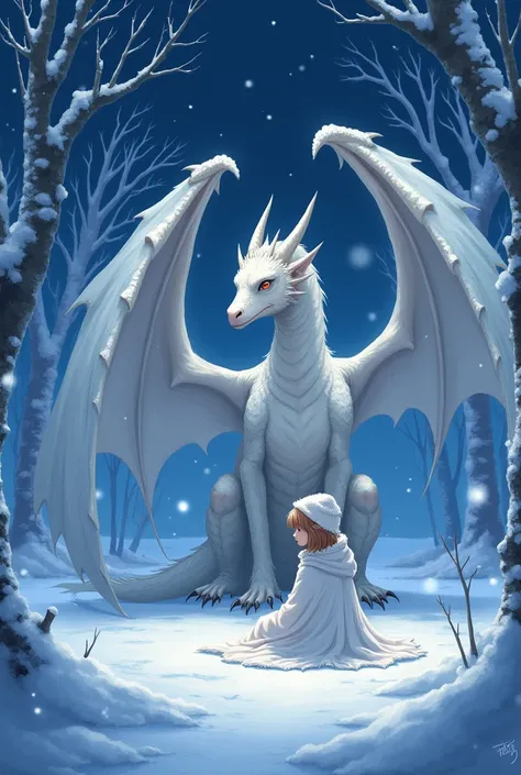 "An illustration featuring a snow-clad girl sitting elegantly in front of a large-winged dragon, surrounded by a winter-themed setting. Snow-covered trees and stars decorate the background. Focus on enhancing the dragons wings to make them more majestic, w...