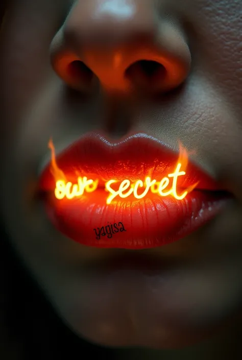 Lips of a woman on fire but that only her lips can be seen and have these words on them Our Secret and Yagisa