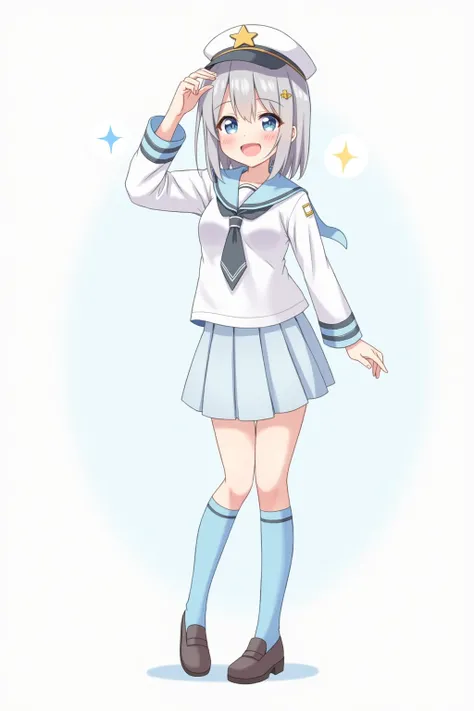  1 girl,  medium hair, sailor suit,Gray Hair, cute,Character portrait,Light blue skirt,Captain&#39;s hat、 Knee High Socks,Shoes,18 years old, star hairpins , Big Breasts ,  blue eyes, Open mouth laughing、whole body, plump thighs,anchor mark on hat