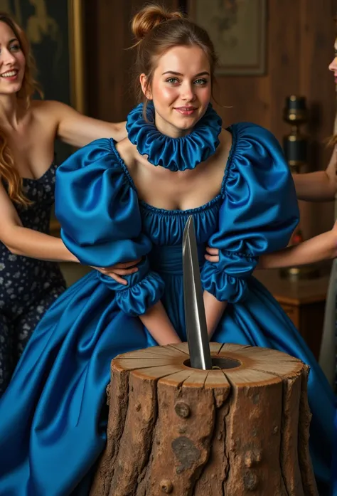 (realistic photograph close up sideways NSFW), (a pleased beautiful European orgasm++ lady with (messy hair bun), she is wearing (an elaborate big shiny blue silk gown with (long gigantic puff sleeves), (and an ultra high narrow stand-up collar with a giga...