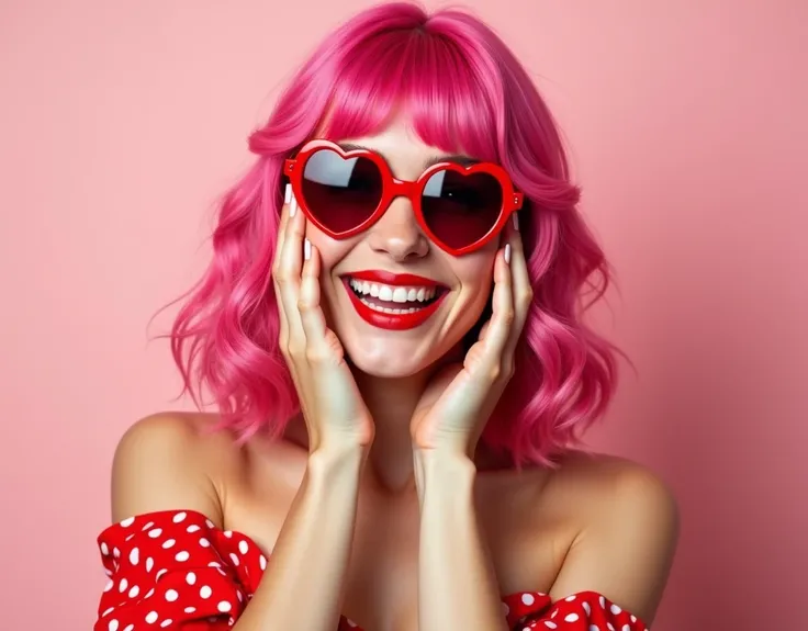 Pretty woman with pink hair and heart-shaped red sunglasses, wearing a red polka-dot dress; medium shot, close-up,  light pink background; woman is touching her cheeks with her fingers; playful expression and slight tilt of the head; slightly pointed chin;...