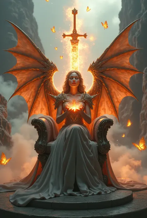 A beautiful dragon-blooded woman sitting confidently on an ornate, majestic dragon throne, legs crossed, wearing intricate dragon armor and grand, glowing dragon wings. Her eyes are closed as she gracefully blows glowing butterflies from her cupped hands. ...