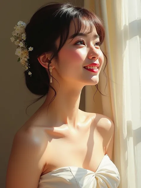  portrait oil painting ， applying ， linen canvas ， wet brushstrokes ， A 26-year-old Chinese girl in a strapless wedding dress，Looking up，Round Face，Slightly plump figure， fair skin ， the sun shines obliquely through the window ， with an oversized scraper ，...