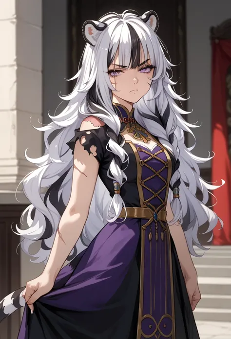 ((masterpiece)), 1girl, solo, long hair, white tiger ears, damaged right ears, scar on shoulder, white tiger tail, half-lidded eyes, menacing look, messy hair, looking at viewer, disgusted look, purple dress, black dress, multicolored dress, ancient dress,...