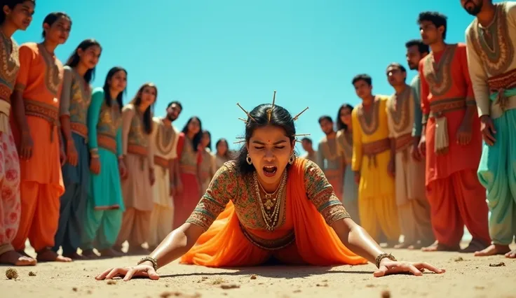 A dramatic and intense scene in a bright, sunny Pakistani setting. A Pakistani woman, dressed in vibrant traditional dancer attire, is crawling on the ground, screaming in pain. Her body is pierced with multiple metallic spikes, visibly protruding from her...