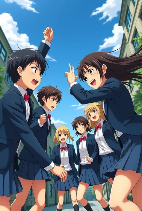 School gang, school uniforms, anime, with action pose, and background in the school campus 